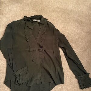 GO BY GO SILK Deep Green Ruffle Blouse